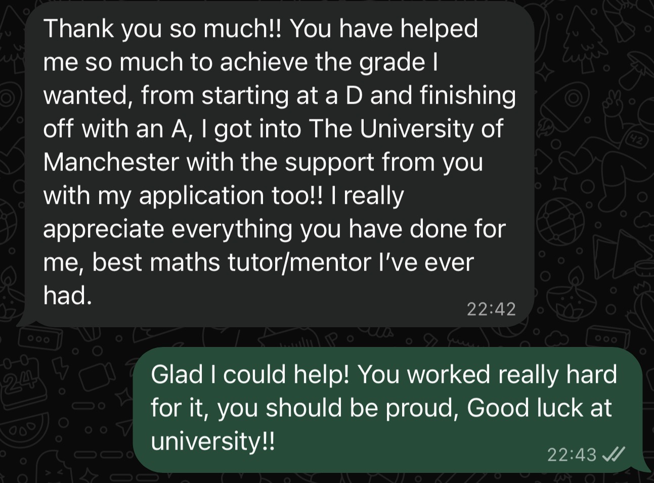 Student message thanking their tutor after improving from a D to an A and gaining a place at the University of Manchester