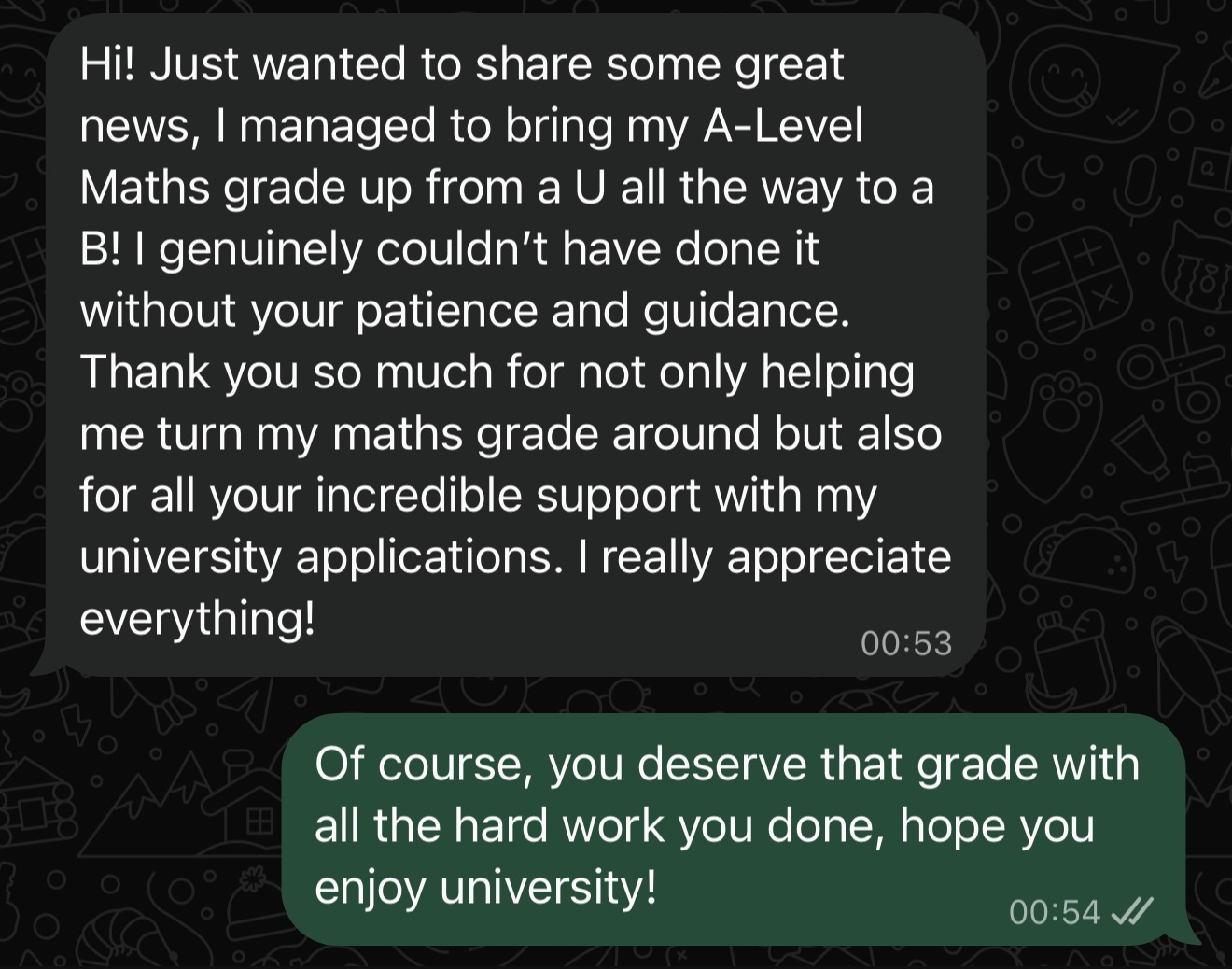 Student message thanking their tutor after improving their A-Level Maths grade from a U to a B